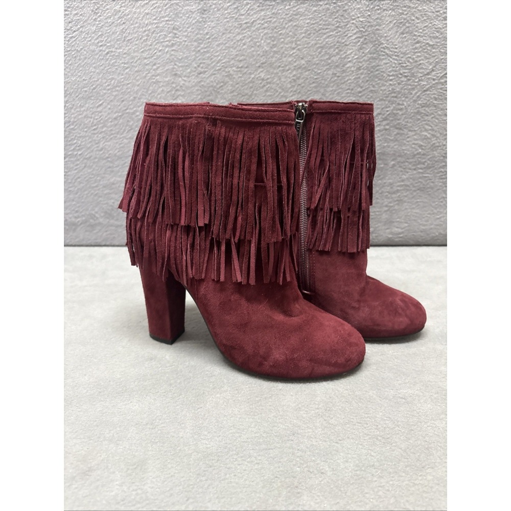 DW Hardy Women Suede Leather Fringe Ankle Heel Boots Burgundy Western Cowgirl 7M